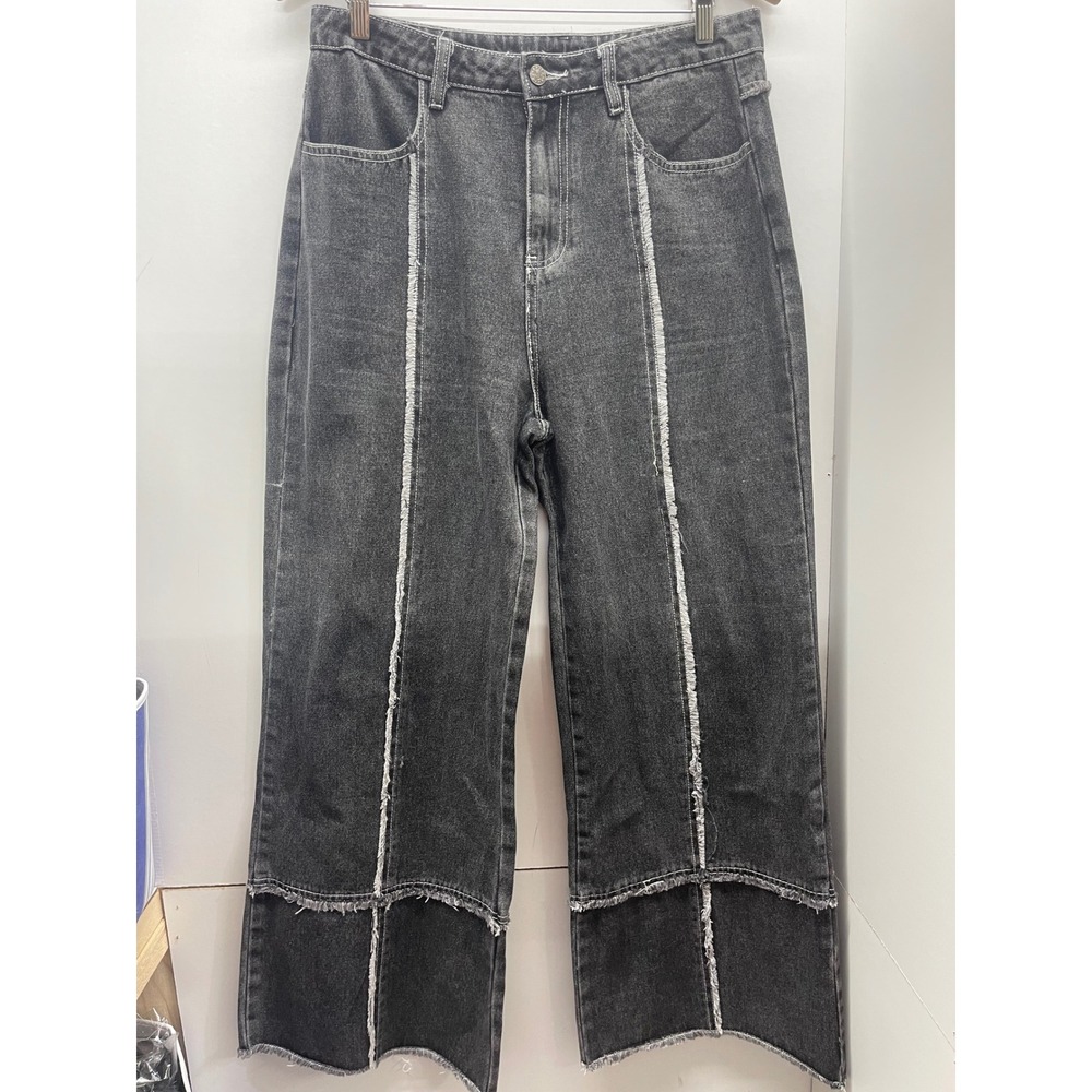 So Me Washed Black Wide Leg Deconstructed Raw Edge Seam Jeans XL